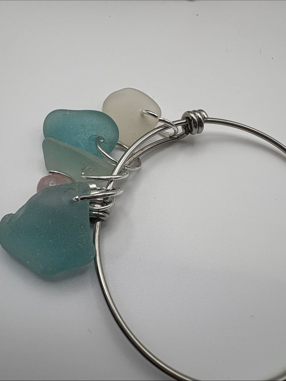 Sea Glass Charm Bangle Bracelet - Teal & Seafoam